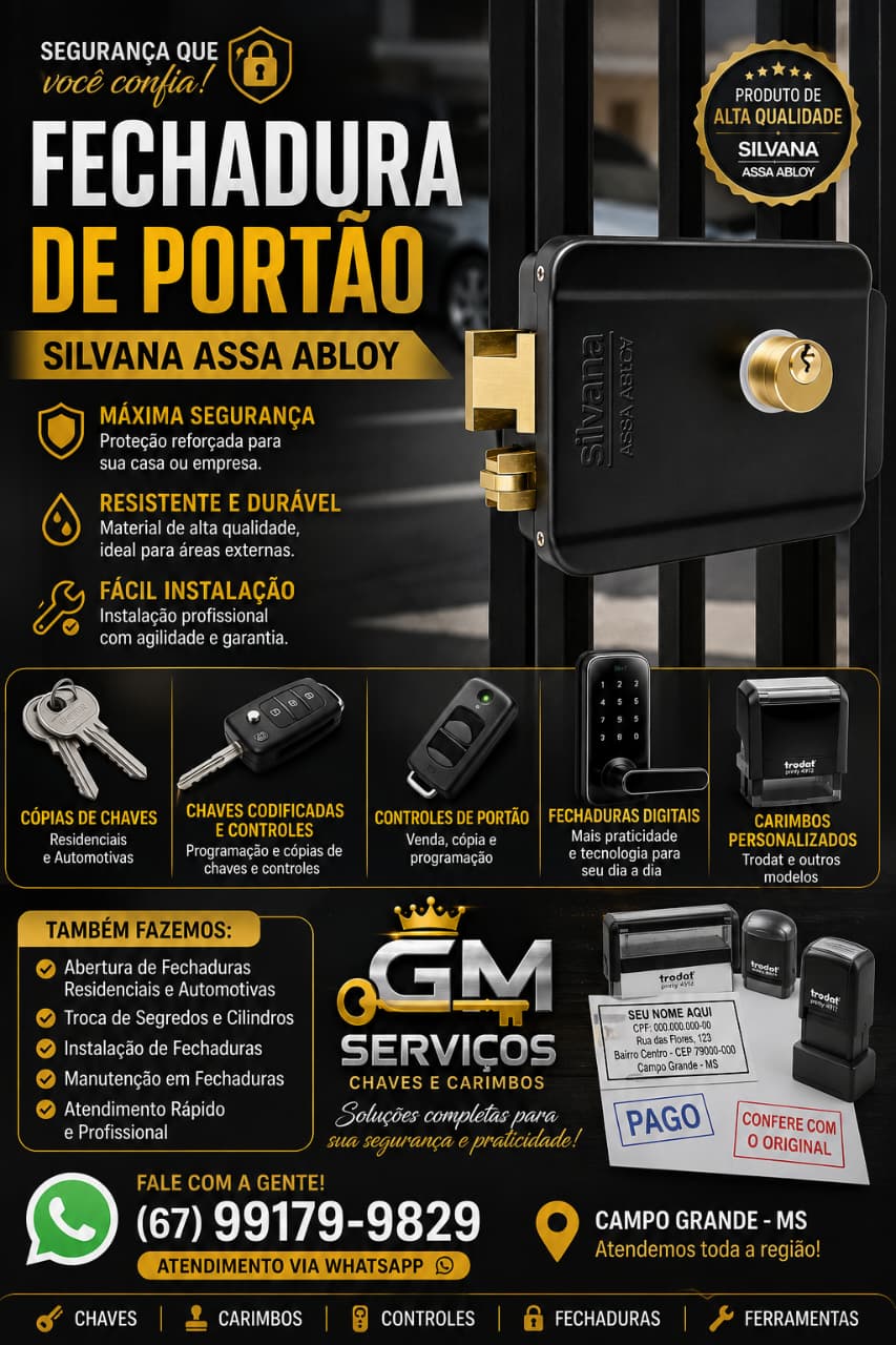 Serviços GM: cópias de chaves, chaves codificadas, controles, fechaduras digitais e carimbos