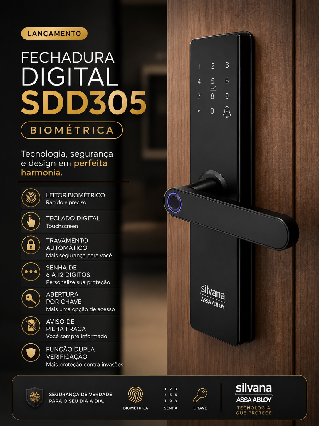 Fechadura digital biométrica Silvana SDD305 com maçaneta